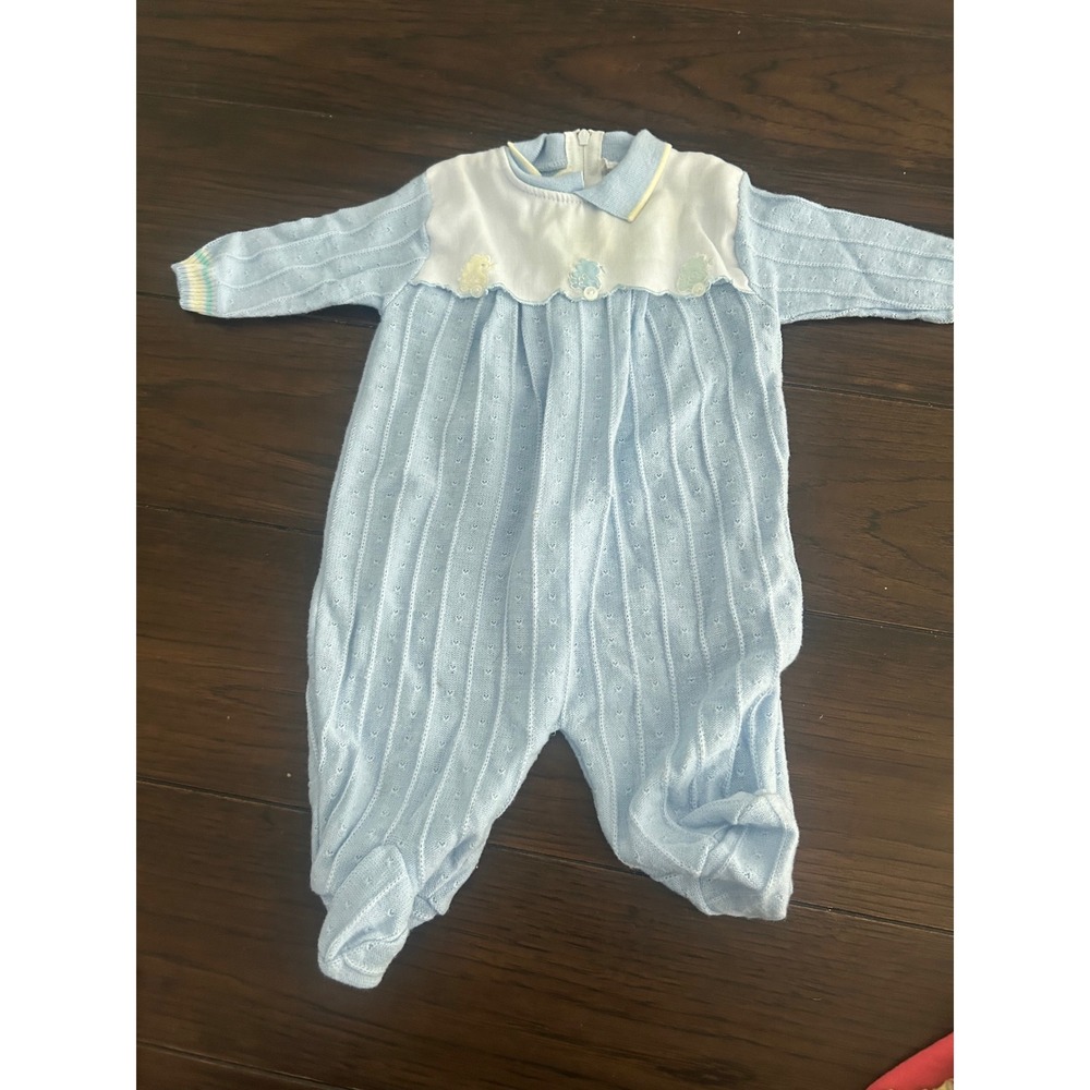 Savannah Baby Blue Pointelle Knit Footie Sleeper Embroidered Bib Vintage